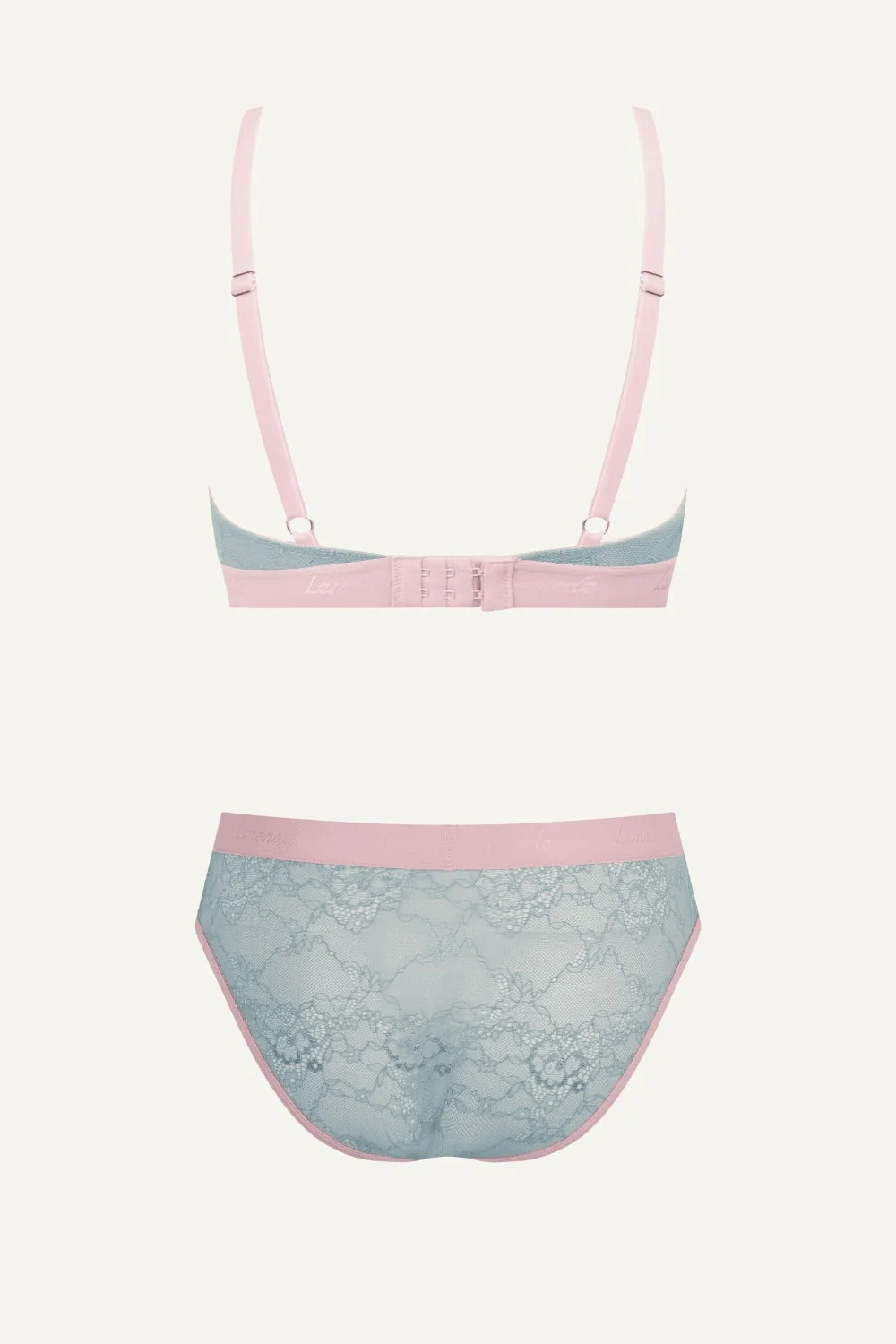 Signature Lace Bralette & Brief Set - Denim Blue and Pink - Image 6